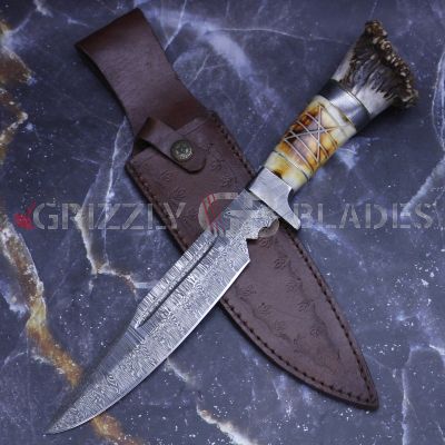 DAMASCUS STEEL CUSTOM HANDMADE HUNTING BOWIE KNIFE 13"