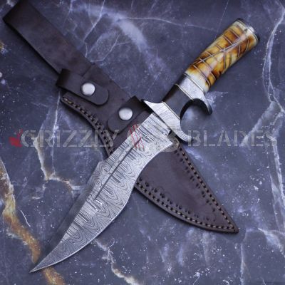 DAMASCUS STEEL CUSTOM HANDMADE HUNTING BOWIE KNIFE 13"