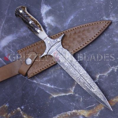 DAMASCUS STEEL CUSTOM HANDMADE HUNTING DAGGER KNIFE 11"