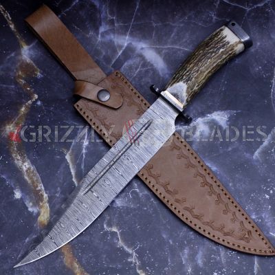 DAMASCUS STEEL CUSTOM HANDMADE HUNTING BOWIE KNIFE 14"