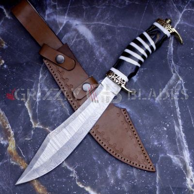 DAMASCUS STEEL CUSTOM HANDMADE HUNTING BOWIE KNIFE 14"