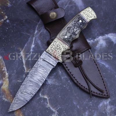 Damascus Steel Custom Handmade Hunting Skinning Knife 10" - Scrimshaw