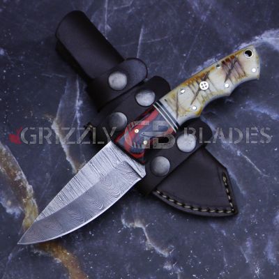 Damascus Steel Custom Handmade Hunting Skinning Knife 8.5"