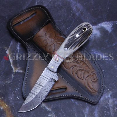 Damascus Steel Custom Handmade Hunting Skinning Knife 8"