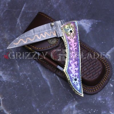 MULTI COLOUR RAINBOW TITANIUM COATED COPPER DAMASCUS STEEL CUSTOM HAND ENGRAVED FOLDING/POCKET Knife 8"