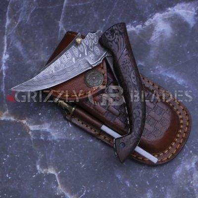 DAMASCUS STEEL CUSTOM HAND ENGRAVED FOLDING/POCKET Knife 7"