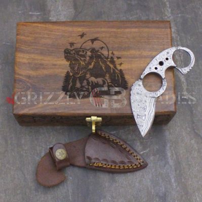 DAMASCUS STEEL CUSTOM HANDMADE SKINNING KNIFE 5" - GRIZZLY