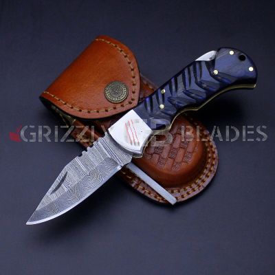 DAMASCUS STEEL CUSTOM HANDMADE FOLDING/POCKET Knife 6.5" blue