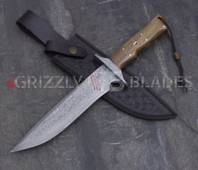 DAMASCUS STEEL CUSTOM HANDMADE HUNTING BOWIE KNIFE 13.5"