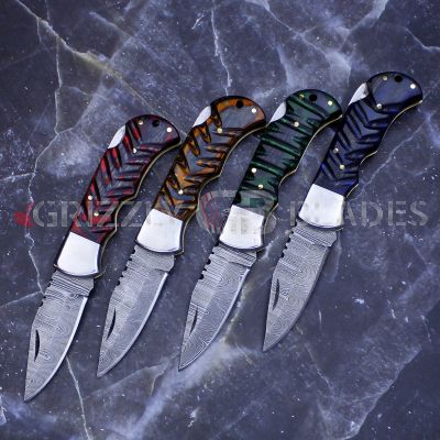 SET OF Four DAMASCUS STEEL CUSTOM HANDMADE FOLDING/POCKET Knives 6.5" 
