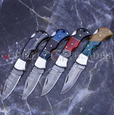 SET OF Four DAMASCUS STEEL CUSTOM HANDMADE FOLDING/POCKET Knives 6.5" 