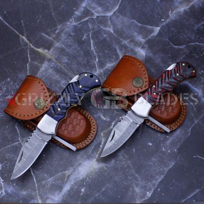 SET OF TWO DAMASCUS STEEL CUSTOM HANDMADE FOLDING/POCKET Knife 6.5" blue & RED