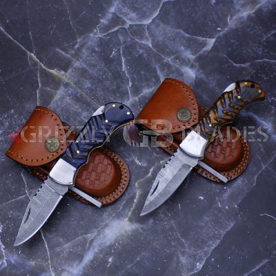 SET OF TWO DAMASCUS STEEL CUSTOM HANDMADE FOLDING/POCKET Knife 6.5" blue & orange