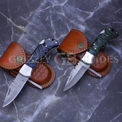SET OF TWO DAMASCUS STEEL CUSTOM HANDMADE FOLDING/POCKET Knife 6.5" blue & green