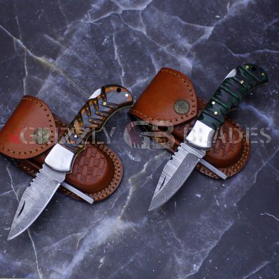 SET OF TWO DAMASCUS STEEL CUSTOM HANDMADE FOLDING/POCKET Knife 6.5" green & orange