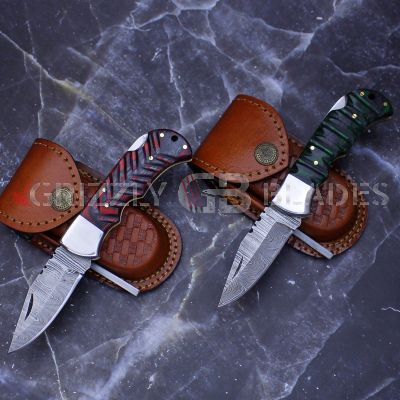 SET OF TWO DAMASCUS STEEL CUSTOM HANDMADE FOLDING/POCKET Knife 6.5" green & red