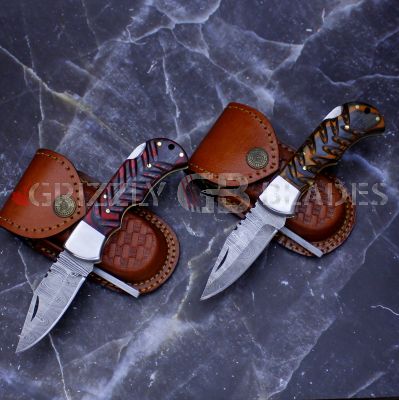 SET OF TWO DAMASCUS STEEL CUSTOM HANDMADE FOLDING/POCKET Knife 6.5" orange & red