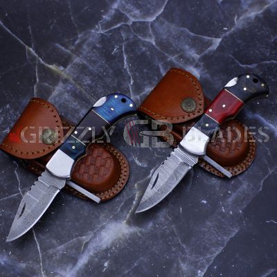 SET OF TWO DAMASCUS STEEL CUSTOM HANDMADE FOLDING/POCKET Knife 6.5" blue & red