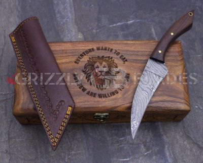 DAMASCUS STEEL CUSTOM HANDMADE HUNTING SKINNING KNIFE 10.5"- LION