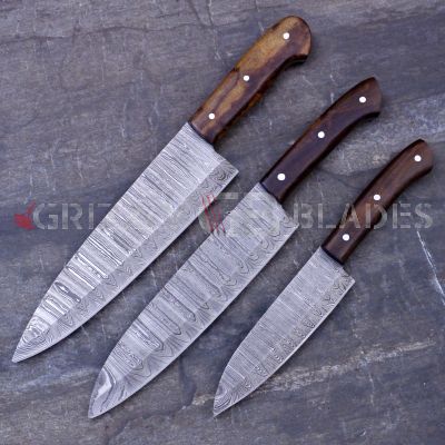 SET OF THREE DAMASCUS STEEL CUSTOM HANDMADE KITCHEN CHEF KNIVES 10",13",13.5"