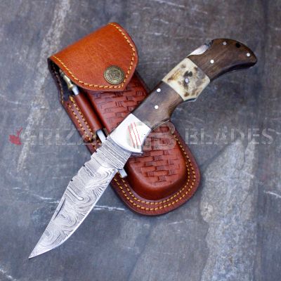 DAMASCUS STEEL CUSTOM HANDMADE FOLDING/POCKET STAG Knife 8.5"