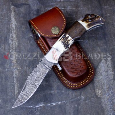 DAMASCUS STEEL CUSTOM HANDMADE FOLDING/POCKET STAG Knife 8.5"