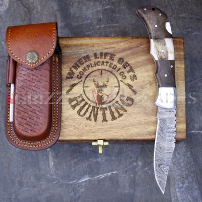 DAMASCUS STEEL CUSTOM HANDMADE FOLDING/POCKET STAG Knife 8.5"