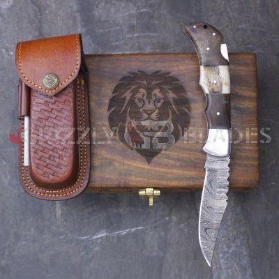 DAMASCUS STEEL CUSTOM HANDMADE FOLDING/POCKET STAG Knife 8.5"