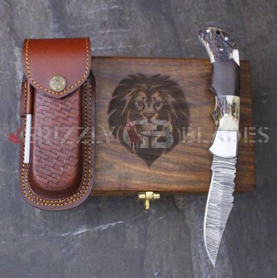 DAMASCUS STEEL CUSTOM HANDMADE FOLDING/POCKET STAG Knife 8.5"