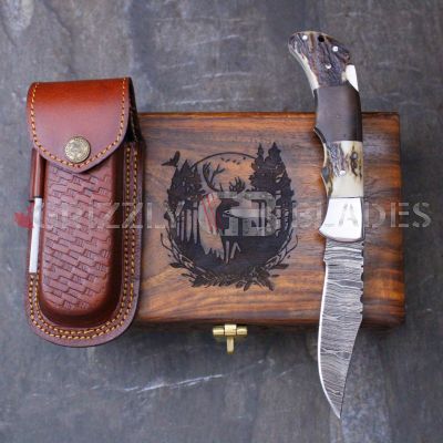 DAMASCUS STEEL CUSTOM HANDMADE FOLDING/POCKET STAG Knife 8.5"