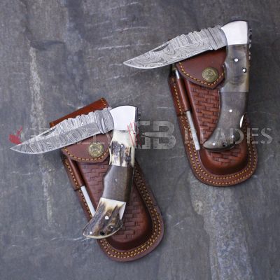 SET of Two DAMASCUS STEEL CUSTOM HANDMADE FOLDING/POCKET Knives 8.5"