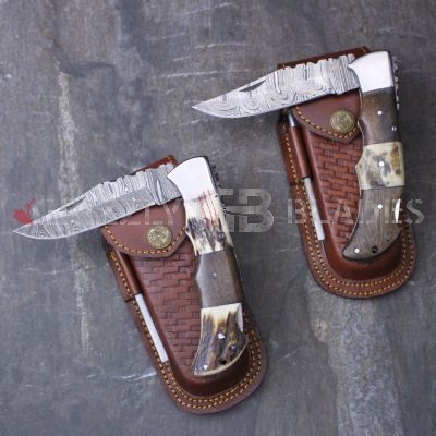 SET of Two DAMASCUS STEEL CUSTOM HANDMADE FOLDING/POCKET Knives 8.5"