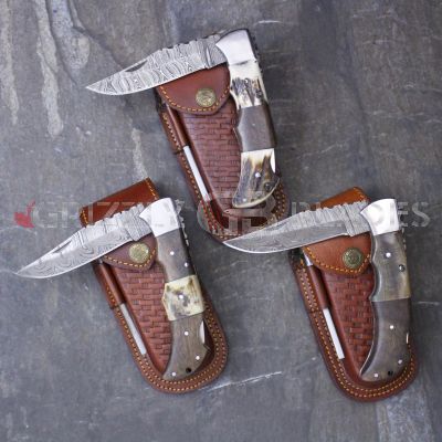 SET of THREE DAMASCUS STEEL CUSTOM HANDMADE FOLDING/POCKET Knives 8.5"