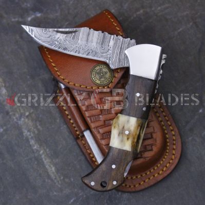 DAMASCUS STEEL CUSTOM HANDMADE FOLDING/POCKET STAG Knife 6.5"