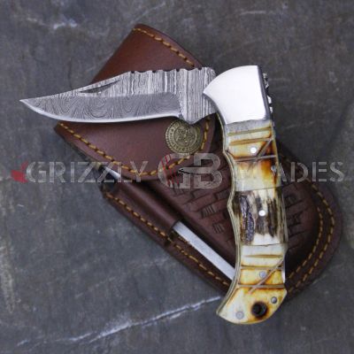 DAMASCUS STEEL CUSTOM HANDMADE FOLDING/POCKET Jigged Camel Bone Knife 6.5"