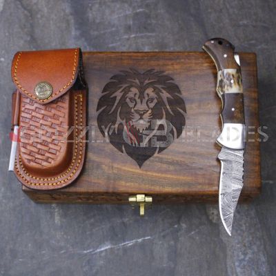 DAMASCUS STEEL CUSTOM HANDMADE FOLDING/POCKET STAG Knife 6.5"