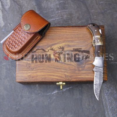 DAMASCUS STEEL CUSTOM HANDMADE FOLDING/POCKET STAG Knife 6.5"