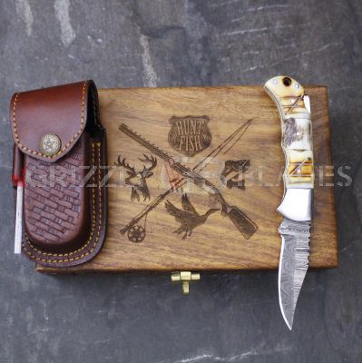 DAMASCUS STEEL CUSTOM HANDMADE FOLDING/POCKET STAG Knife 6.5"