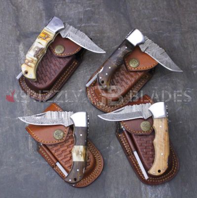 SET of FOUR DAMASCUS STEEL CUSTOM HANDMADE FOLDING/POCKET Knives 6.5"