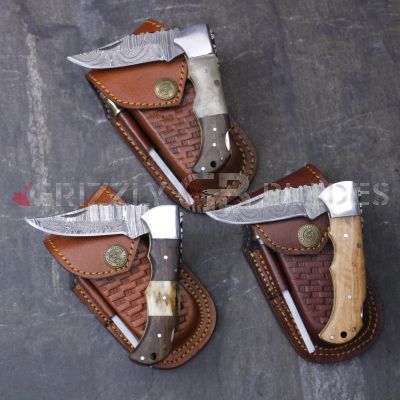 SET of THREE DAMASCUS STEEL CUSTOM HANDMADE FOLDING/POCKET Knives 6.5"