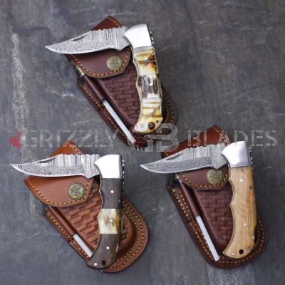 SET of THREE DAMASCUS STEEL CUSTOM HANDMADE FOLDING/POCKET Knives 6.5"