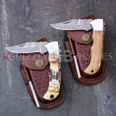 SET of TWO DAMASCUS STEEL CUSTOM HANDMADE FOLDING/POCKET Knives 6.5"