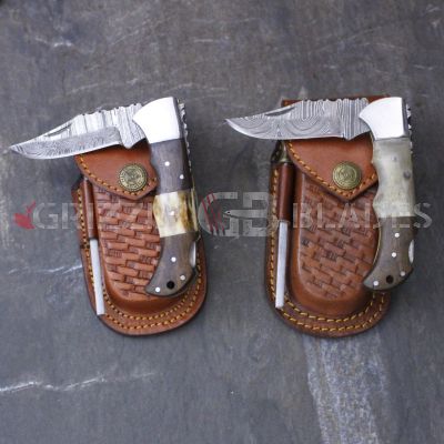 SET of TWO DAMASCUS STEEL CUSTOM HANDMADE FOLDING/POCKET Knives 6.5"