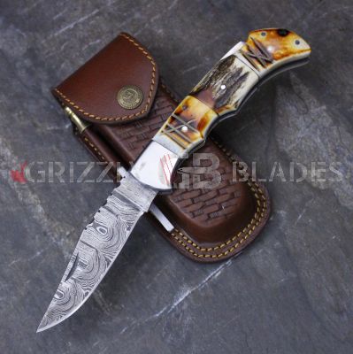 DAMASCUS STEEL CUSTOM HANDMADE FOLDING/POCKET STAG Knife 8.5"