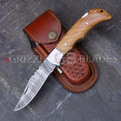 DAMASCUS STEEL CUSTOM HANDMADE FOLDING/POCKET OLIVE Knife 8.5"