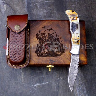 DAMASCUS STEEL CUSTOM HANDMADE FOLDING/POCKET STAG Knife 8.5"