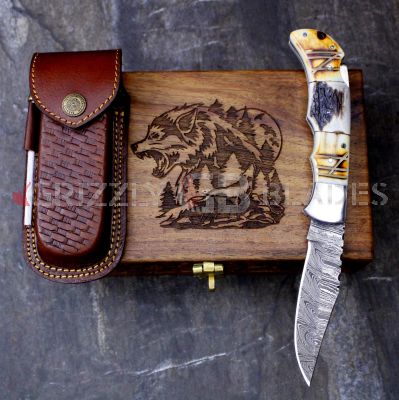 DAMASCUS STEEL CUSTOM HANDMADE FOLDING/POCKET STAG Knife 8.5"