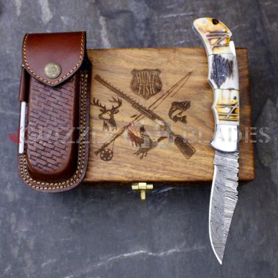 DAMASCUS STEEL CUSTOM HANDMADE FOLDING/POCKET STAG Knife 8.5"