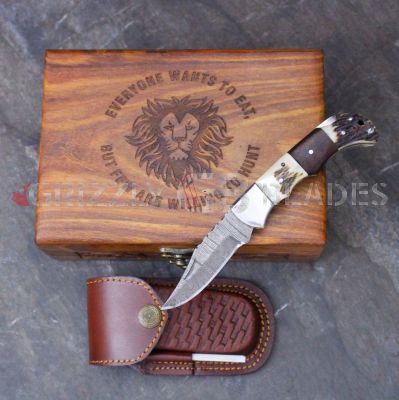 DAMASCUS STEEL CUSTOM HANDMADE FOLDING/POCKET STAG Knife 6.5"
