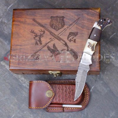 DAMASCUS STEEL CUSTOM HANDMADE FOLDING/POCKET STAG Knife 6.5"